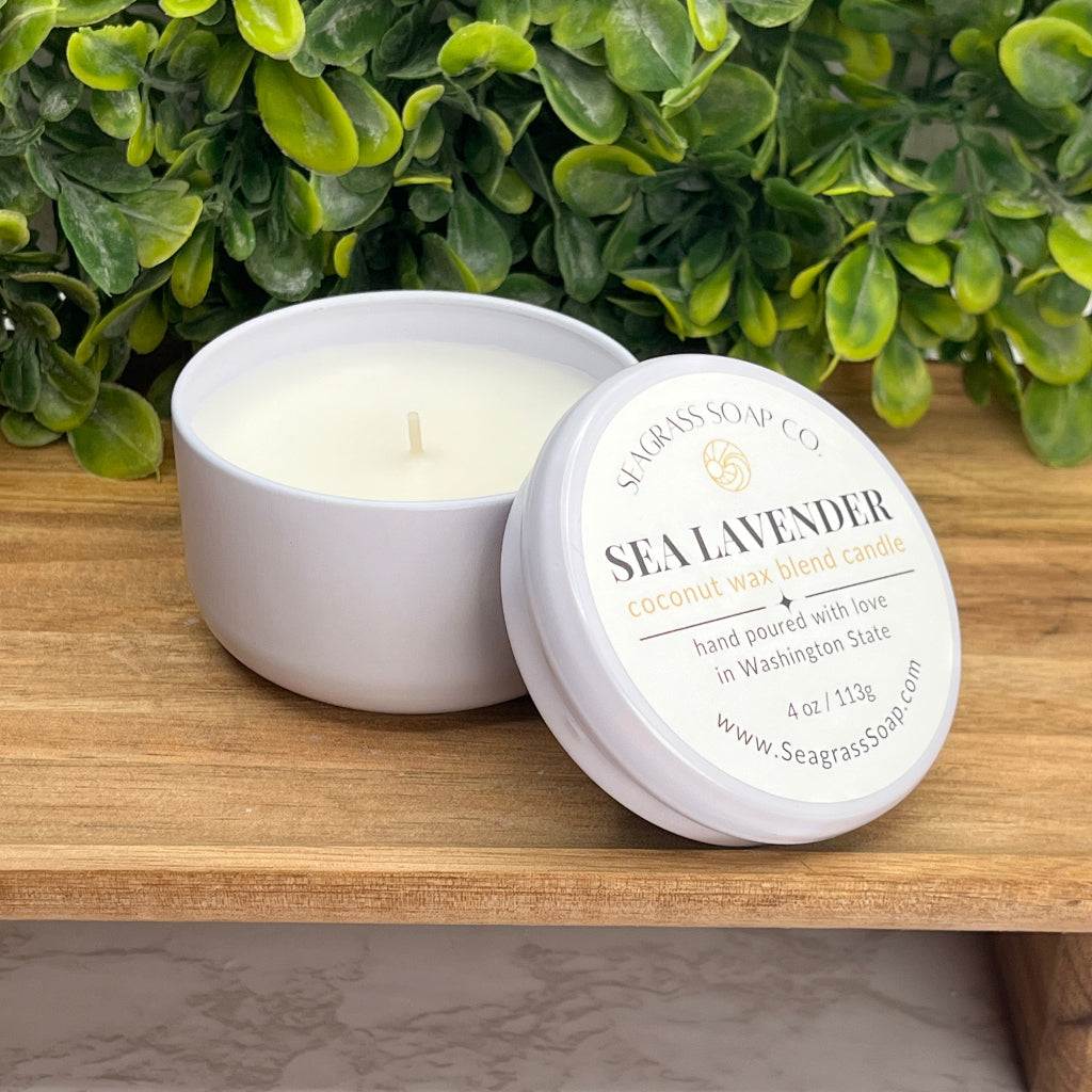 Lavender and Oakmoss 4 oz travel tin candle makes a great gift idea paired with our Lavender Soap Bar.
