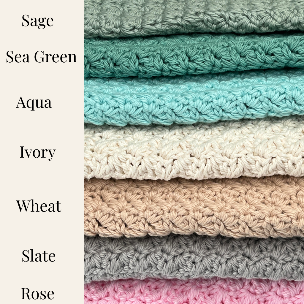 Stack of eco-friendly washcloths and face scrubbies in various colors with color names listed on the left.