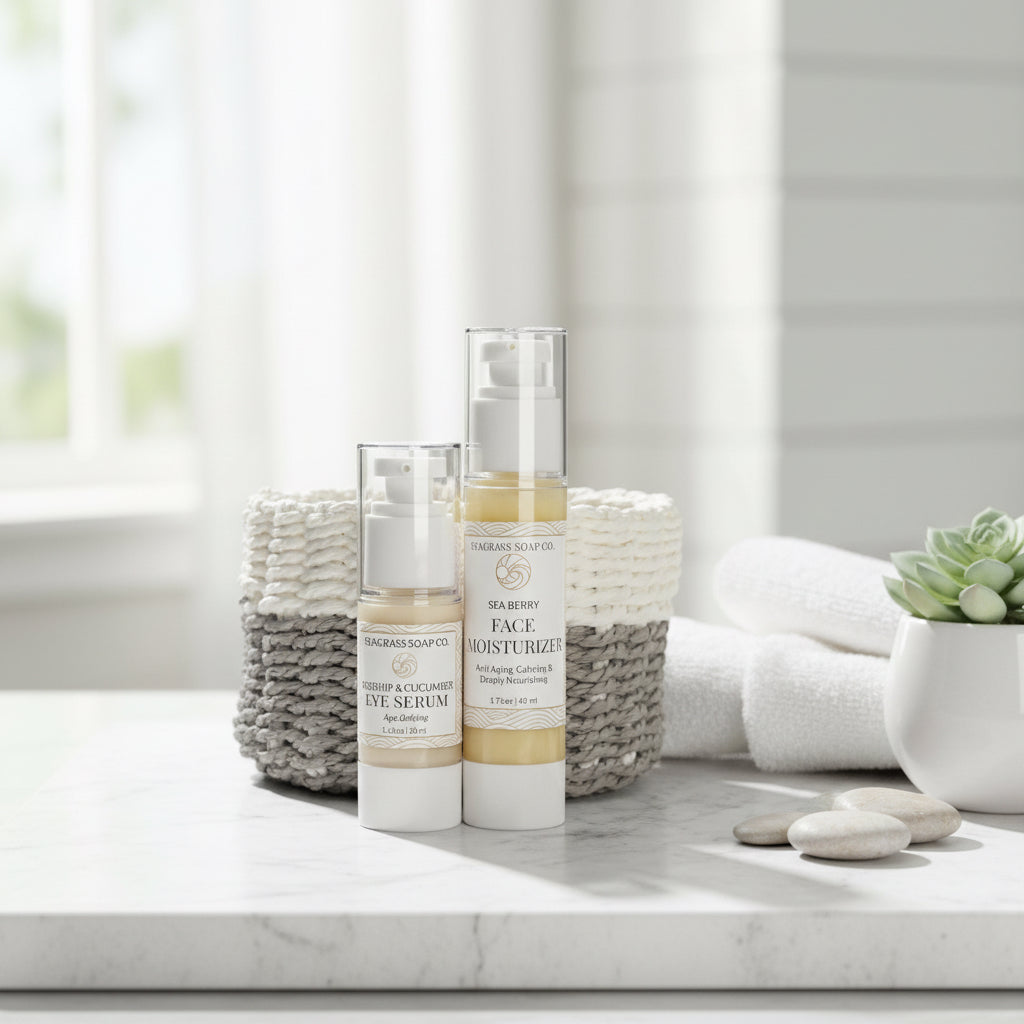 Two skincare products from Seagrass Soap Co. in front of a woven basket sitting on a white marbled countertop with a few rocks, towel and succulent nearby