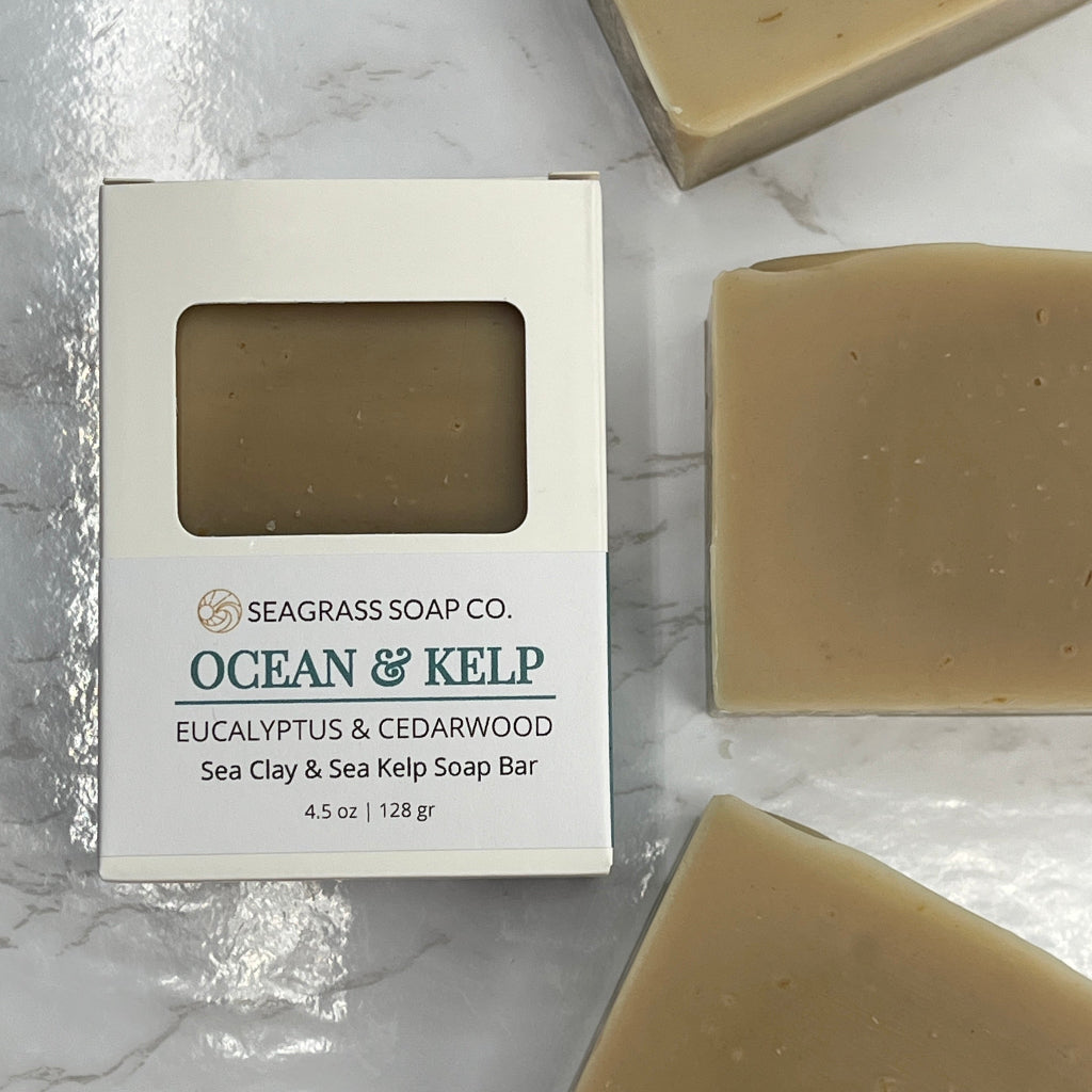 Seagrass Soap Co. Ocean & Kelp ocean water soap bar with packaging on a marble surface