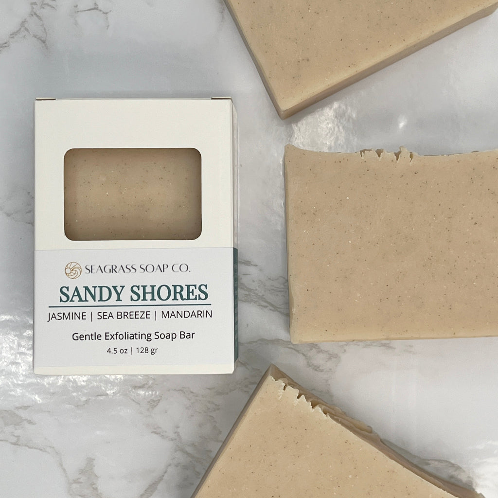 Sandy Shores gentle exfoliating soap bar and packaging