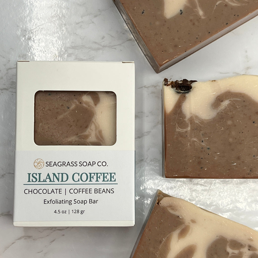 Island coffee soap bar with mild exfoliation from finely grounded organic coffee beans, helps to hydrate and tightens skin.