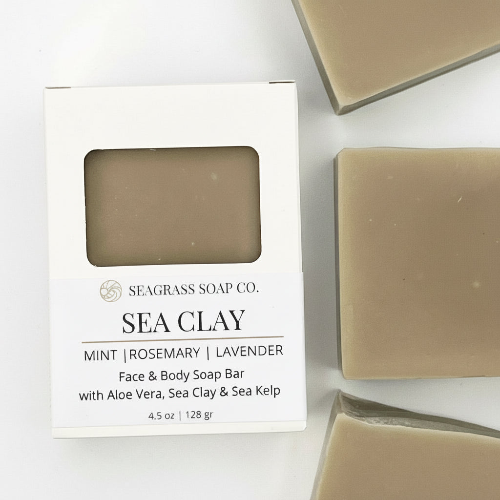 Sea Clay soap bar with packaging on a white background