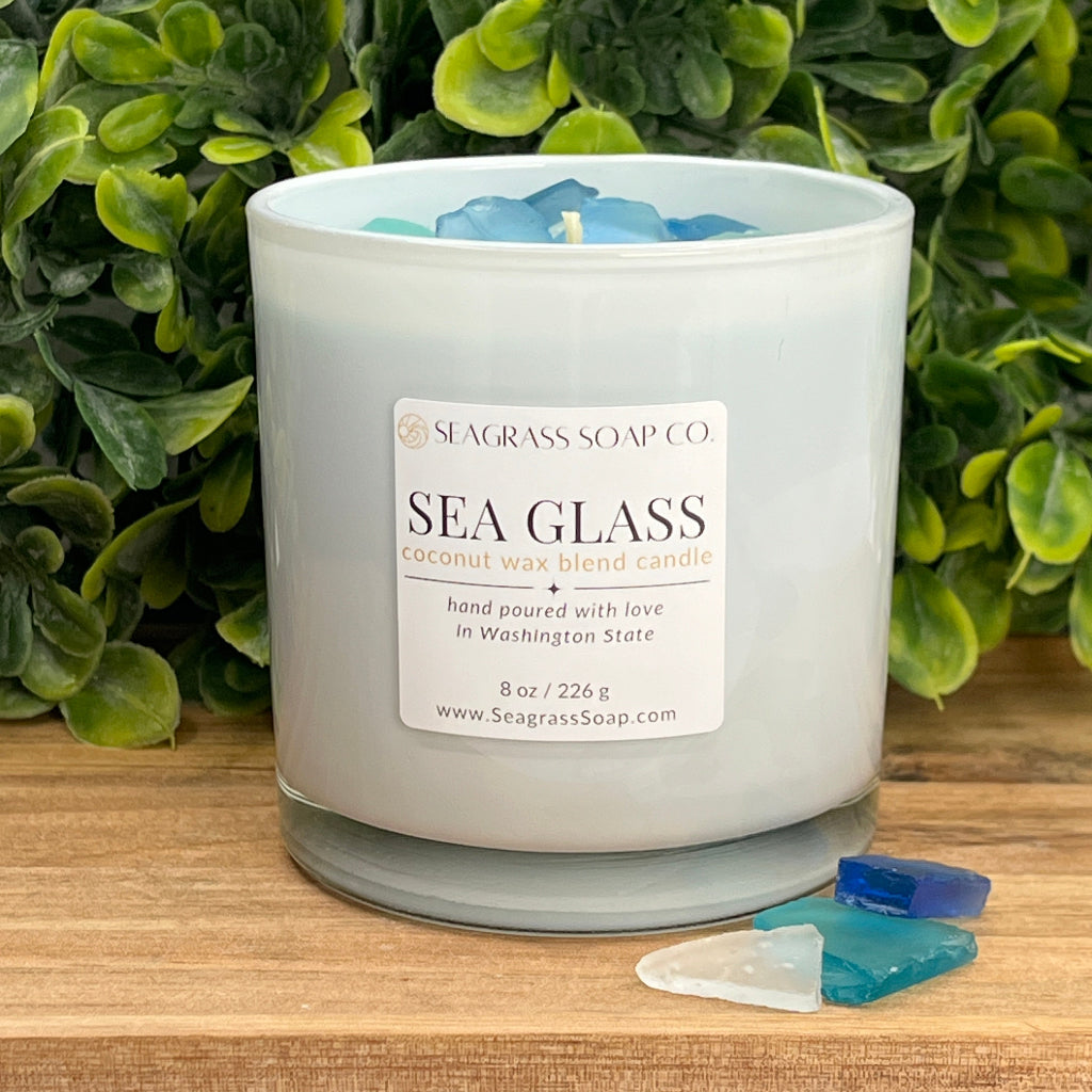 Our Sea Glass Candle is made with Coconut Apricot Wax Blend for a clean burn.