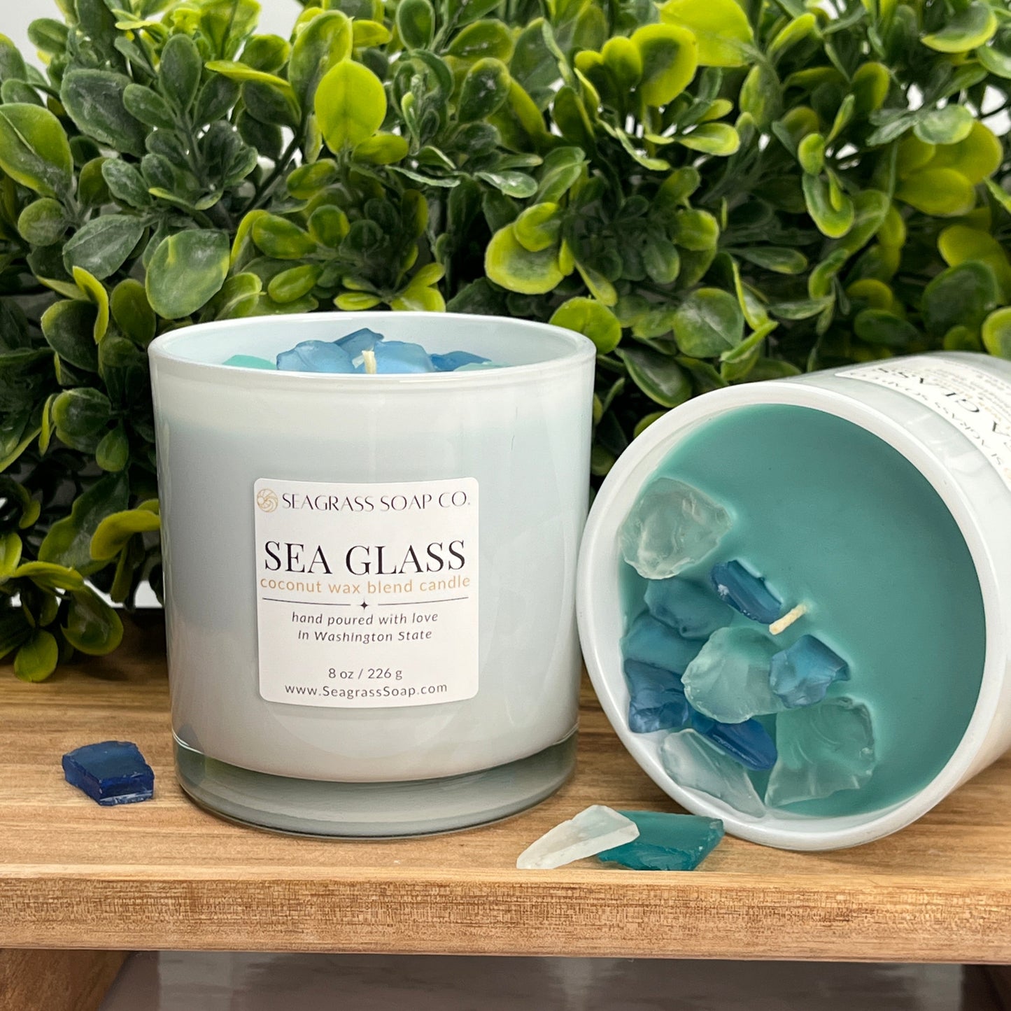 Aqua colored Sea Glass Candle with real beach glass treasures scented with Salt Water and Sea Musk