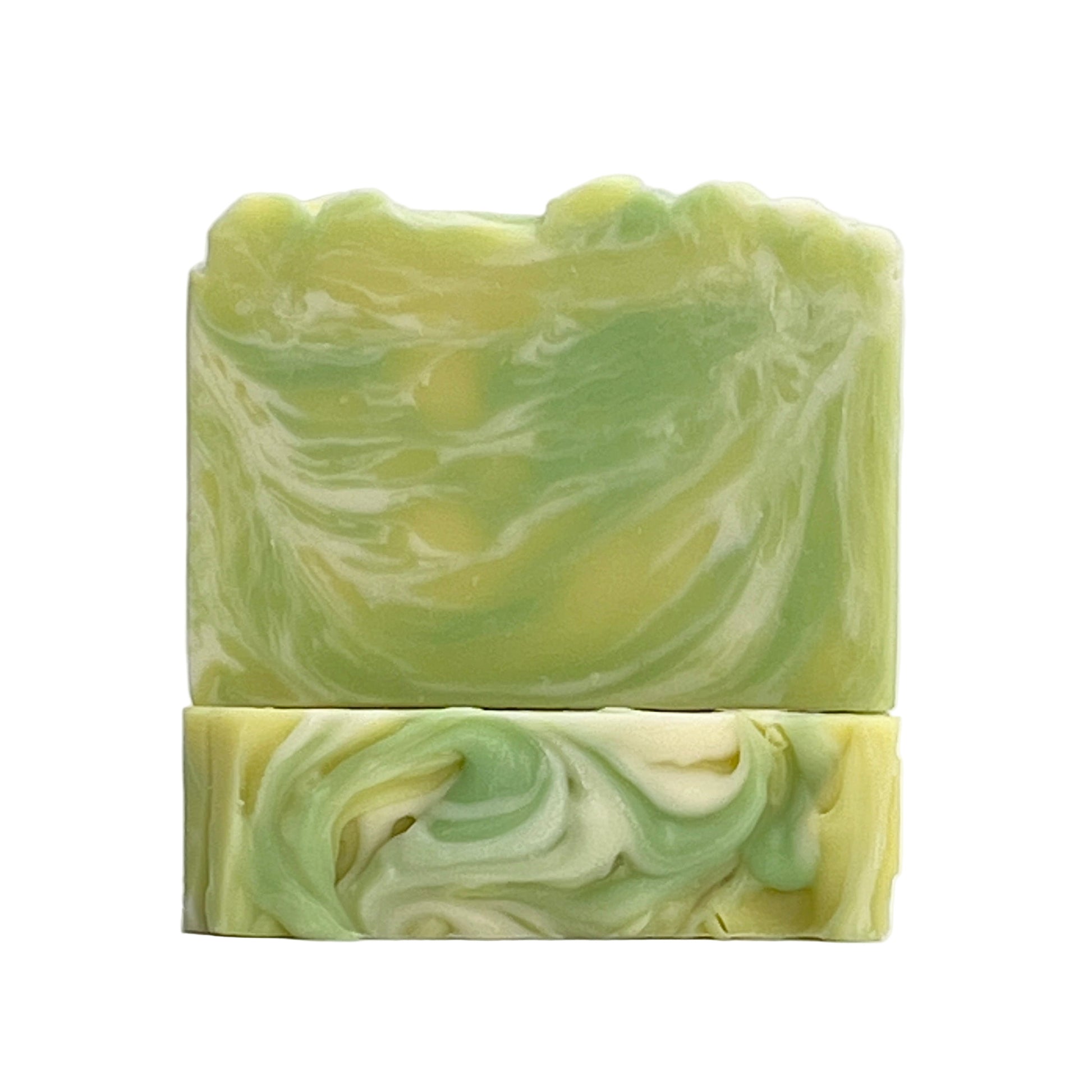 Bayside Verbena ocean water soap bar scented in Lemon Verbena, Amber and Musk with yellow, green and white swirls on a white background.