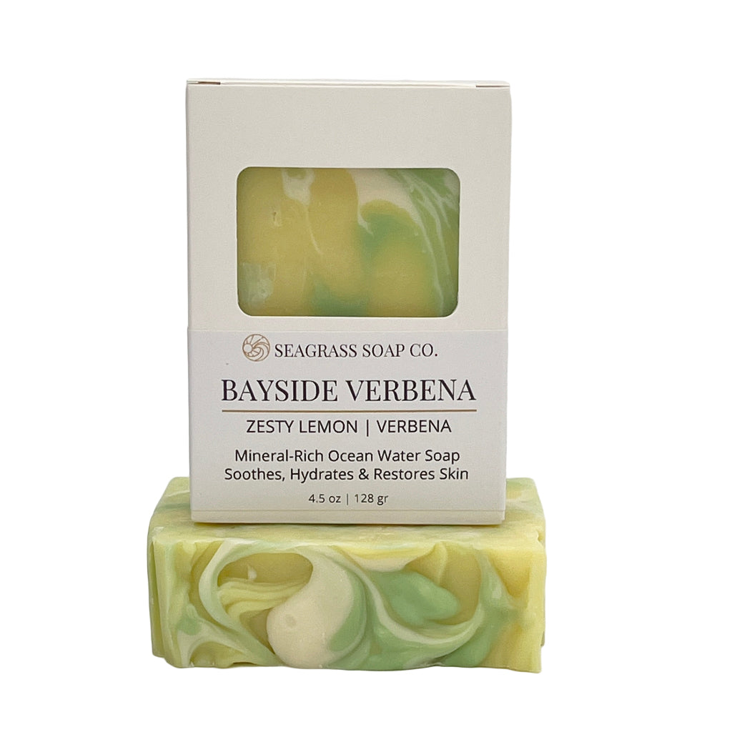 Bayside Verbena soap bar and packaging on a white background by Seagrass Soap Co.
