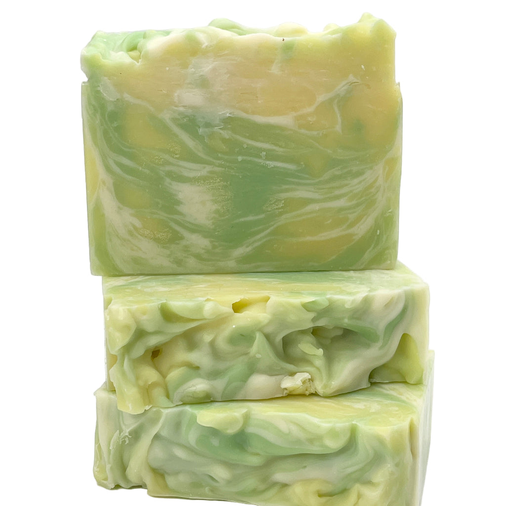 Three bars of Bayside Verbena soap bars on a white background by Seagrass Soap Co.