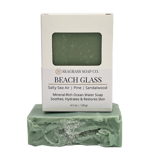 Beach glass soap bar and packaging on a white background by Seagrass Soap Co.