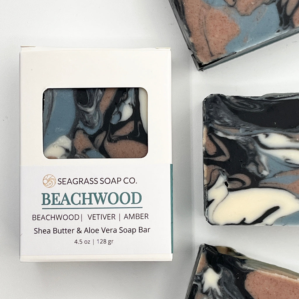 Beachwood soap bar with Seagrass Soap Co. packaging on a white background