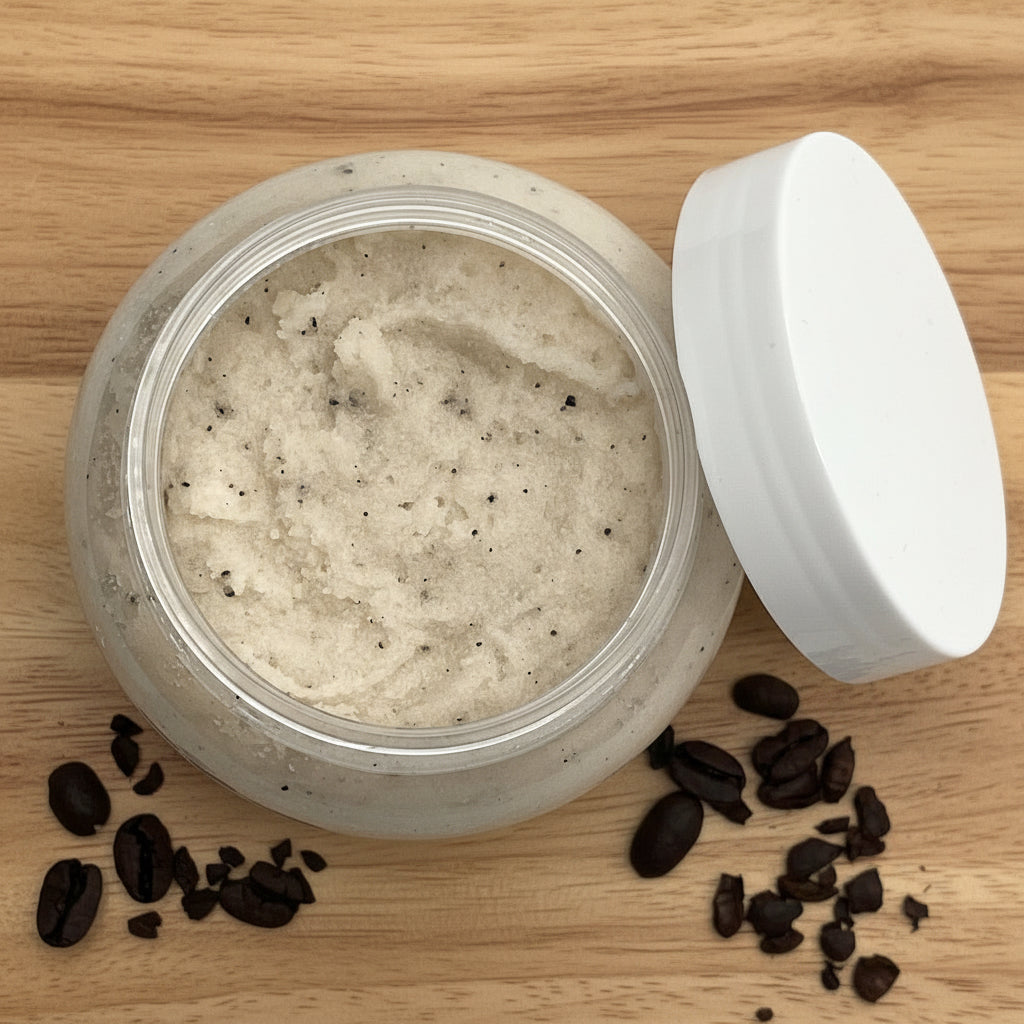 Open jar of coffee scrub with coffee beans on a wooden tabletop