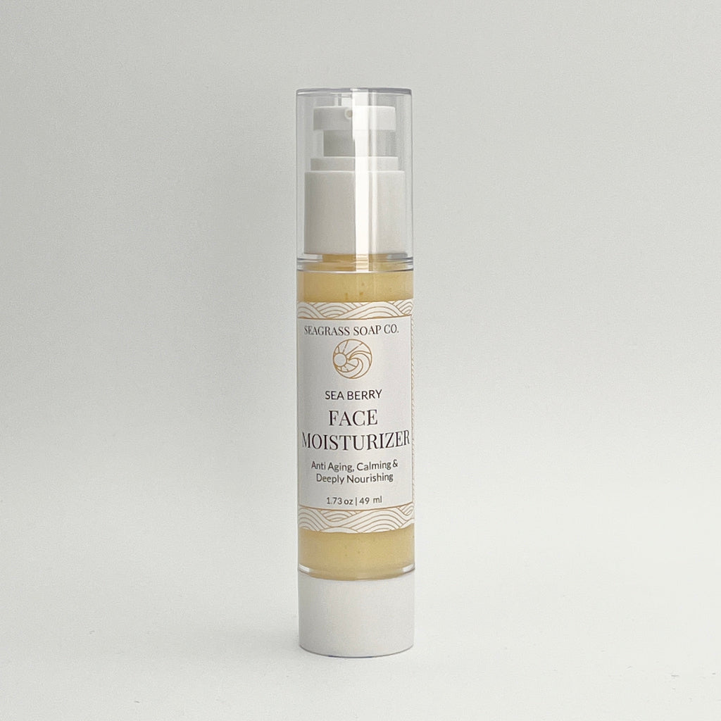 Bottle of Sea Berry Face Moisturizer on a light gray background