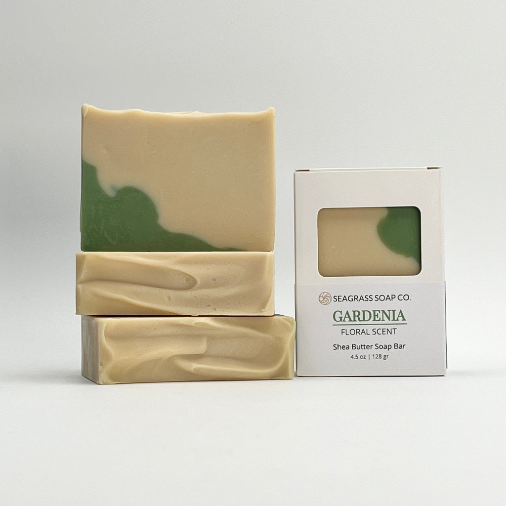 Gardenia scented soap bar with Shea Butter added.