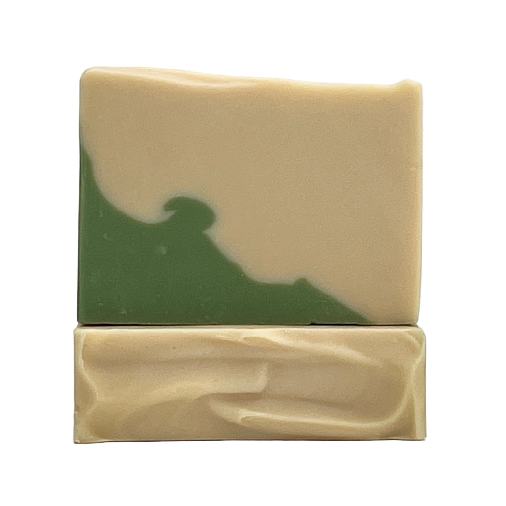 Gardenia scented ocean water soap bar with green and cream design by Seagrass Soap Co.