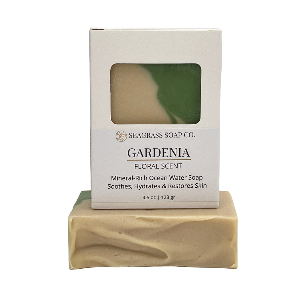 Gardenia Bar of soap with Seagrass Soap Co. packaging on a white background
