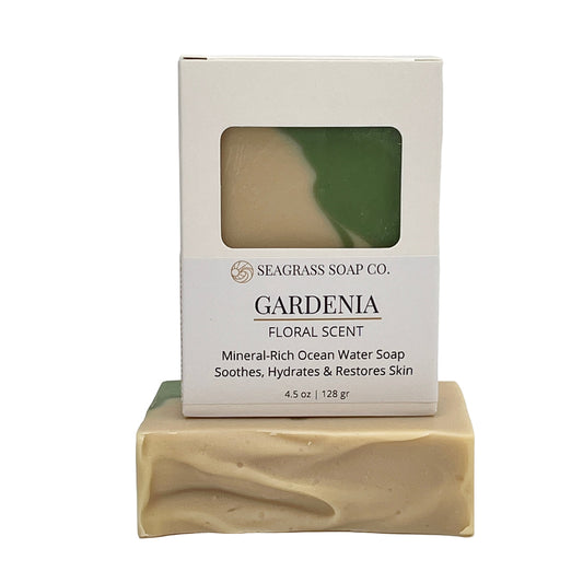 Gardenia Bar of soap with Seagrass Soap Co. packaging on a white background
