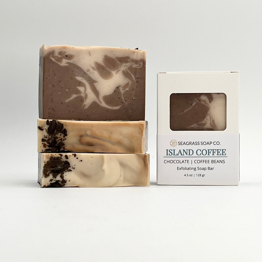 Island Coffee exfoliating soap bar and packaging