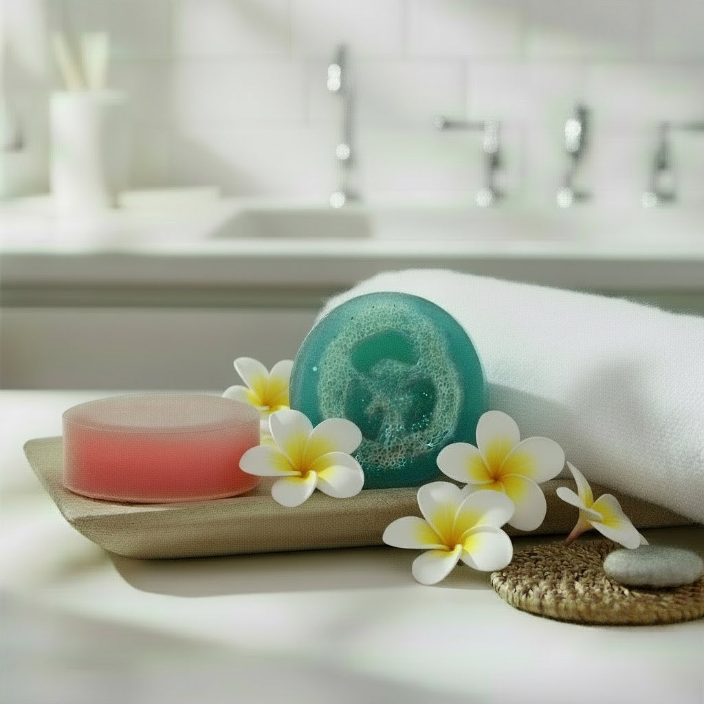 Two round loofah soap bars on a tray with a white towel surrounded by plumeria flowers in a bathroom setting