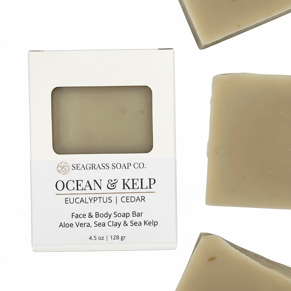 Seagrass Soap Co. Ocean & Kelp soap bar with packaging on a white background