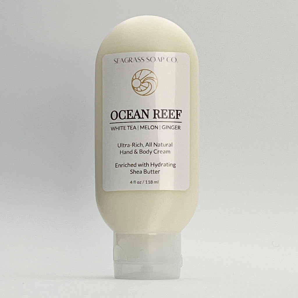 All natural hand and body cream enriched with Shea Butter, scented in Ocean Reef by Seagrass Soap Co on a white background