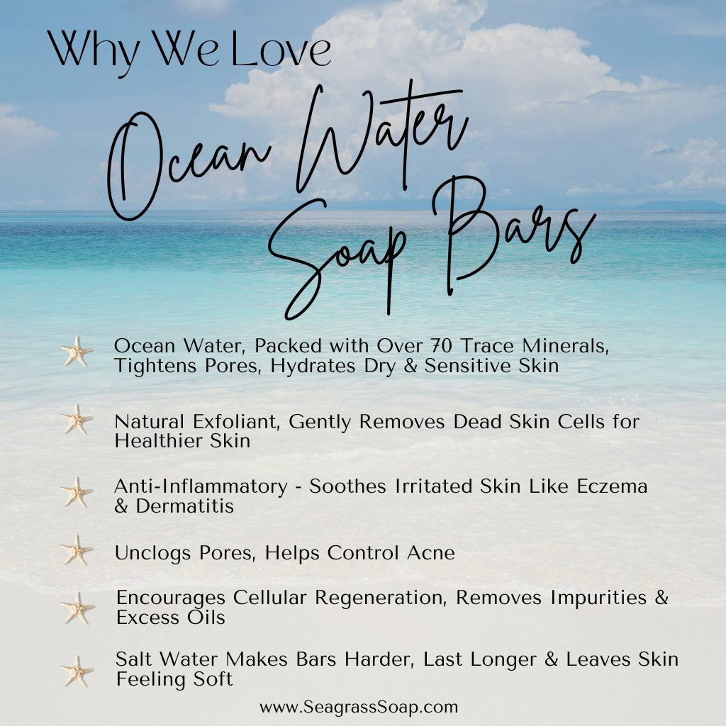 Ocean water soap bar skin benefits advertisement for Seagrass Soap Co's with a scenic background of ocean and sky.