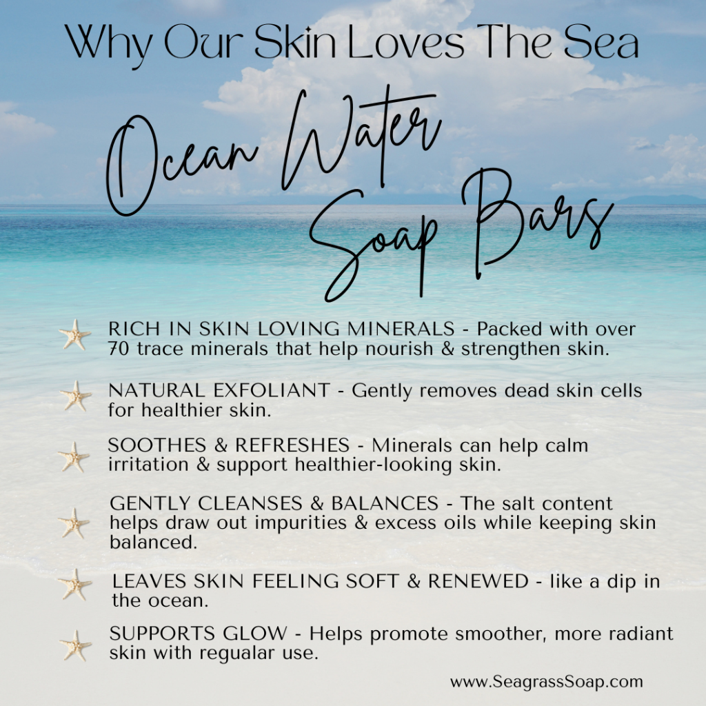 Ocean water soap bar skin benefits advertisement for Seagrass Soap Co's with a scenic background of ocean and sky.