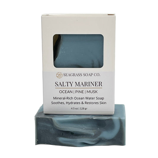 Salty Mariner bar of soap with a Seagrass Soap Co. packaging on a white background