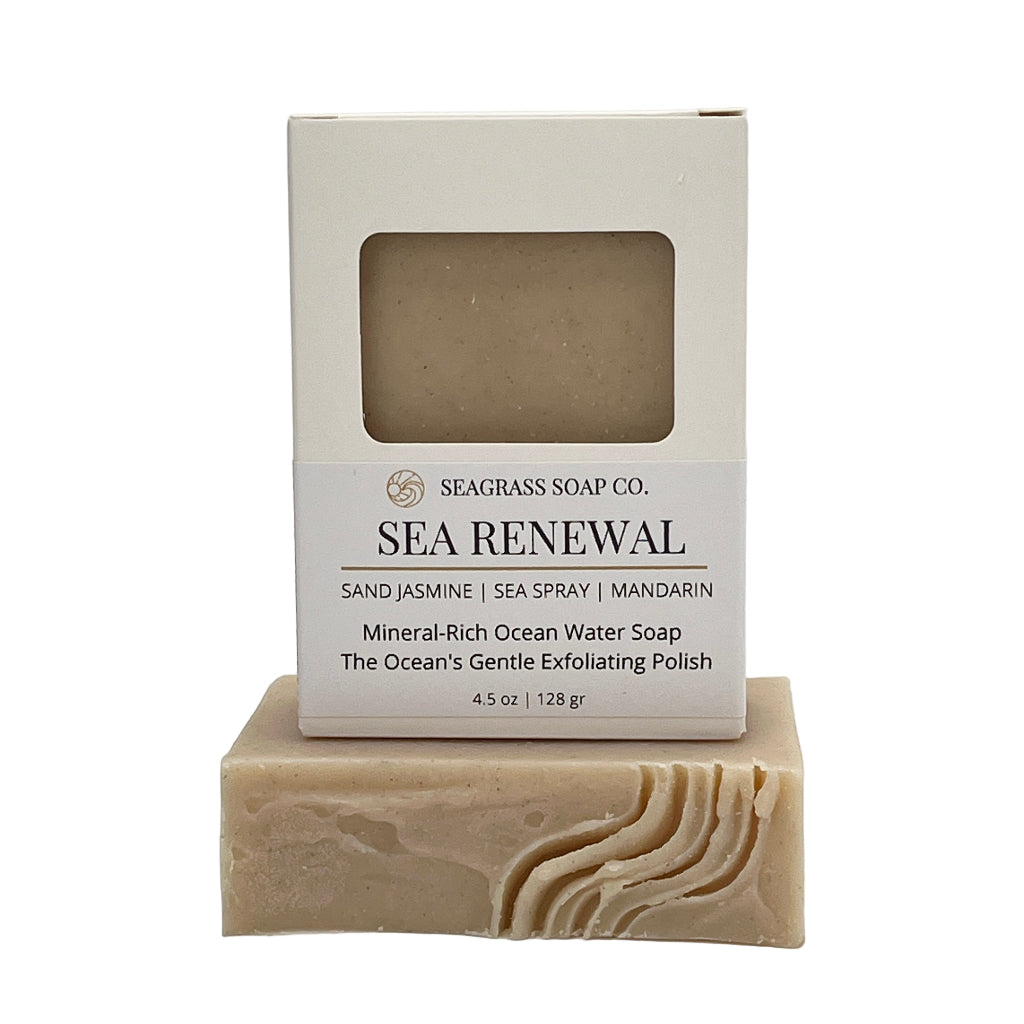 Sea Renewal bar of soap with a Seagrass Soap Co. packaging on a white background
