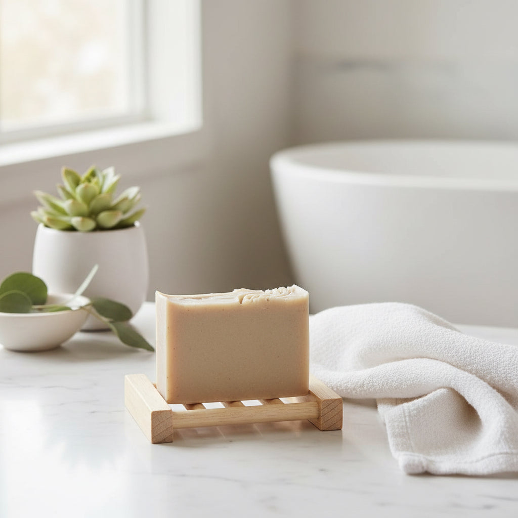 Sea Renewal soap bar sitting on a wooden soap saver on a marbled counter next wo a towel and plants with a bathtub in the background