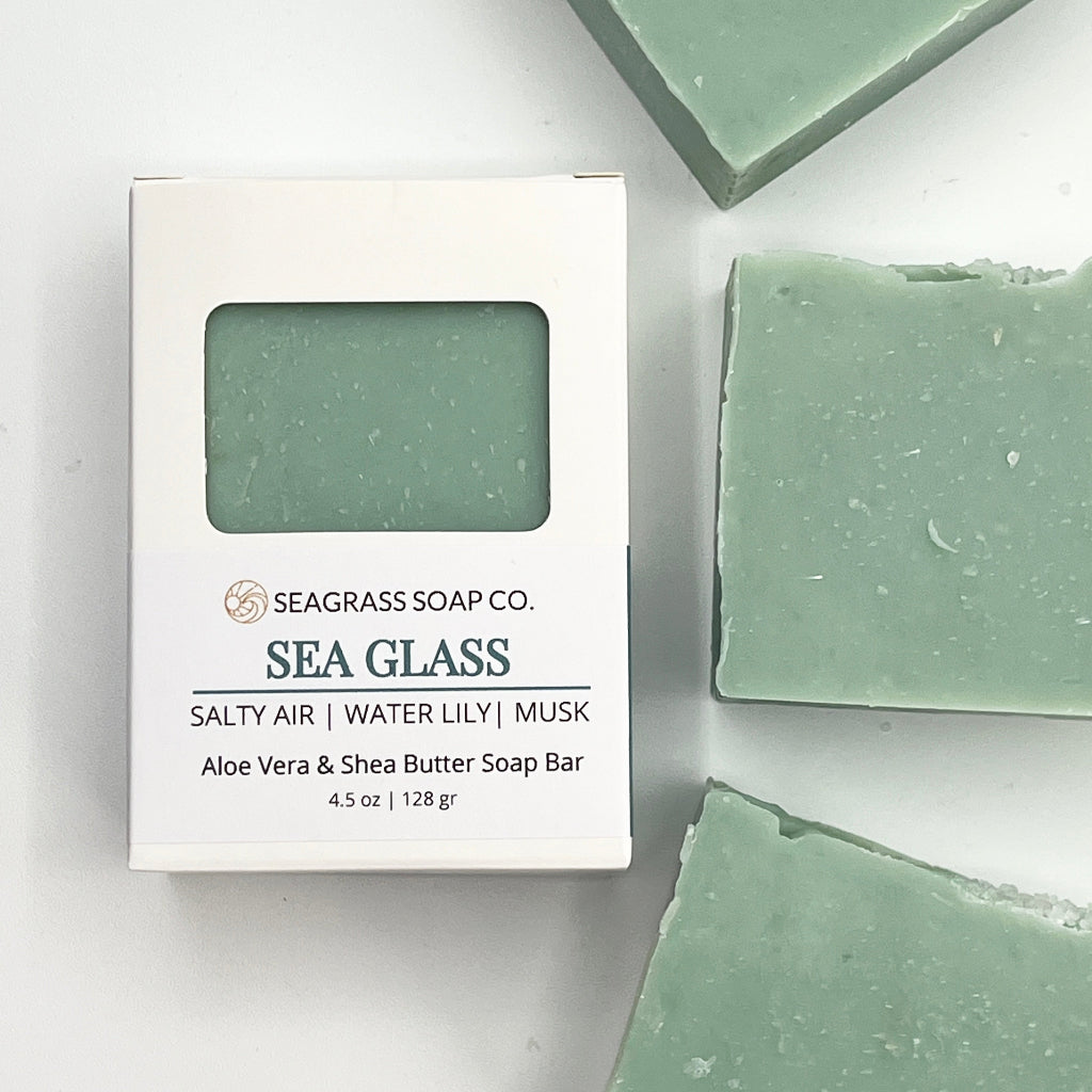 Green Sea Glass soap bars with Seagrass Soap Co. packaging on a white background