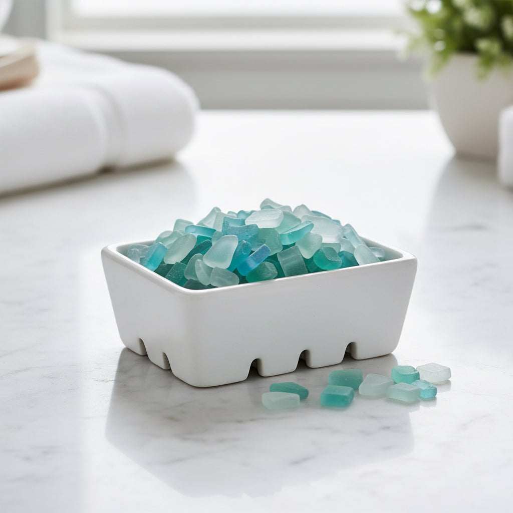 Individual mini hand soaps that look like sea glass in a white dish on a bathroom counter