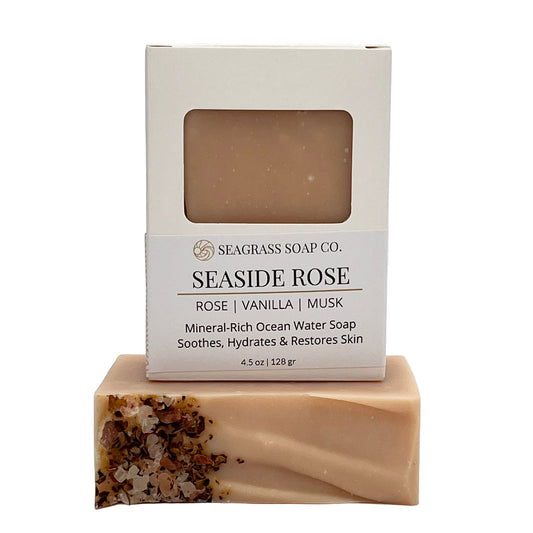 Bar of Seaside Rose soap with packaging on a white background