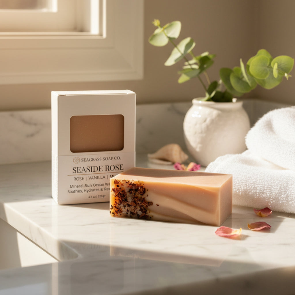 Two soap bars on a marble countertop next to towels and a plant.