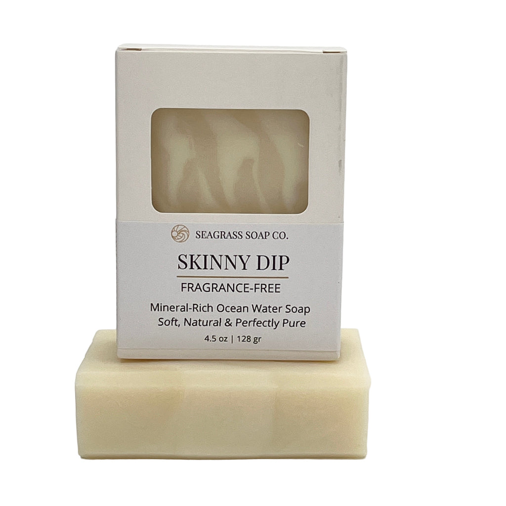 Seagrass Soap Co. Skinny Dip fragrance-free soap bar with packaging on a white background