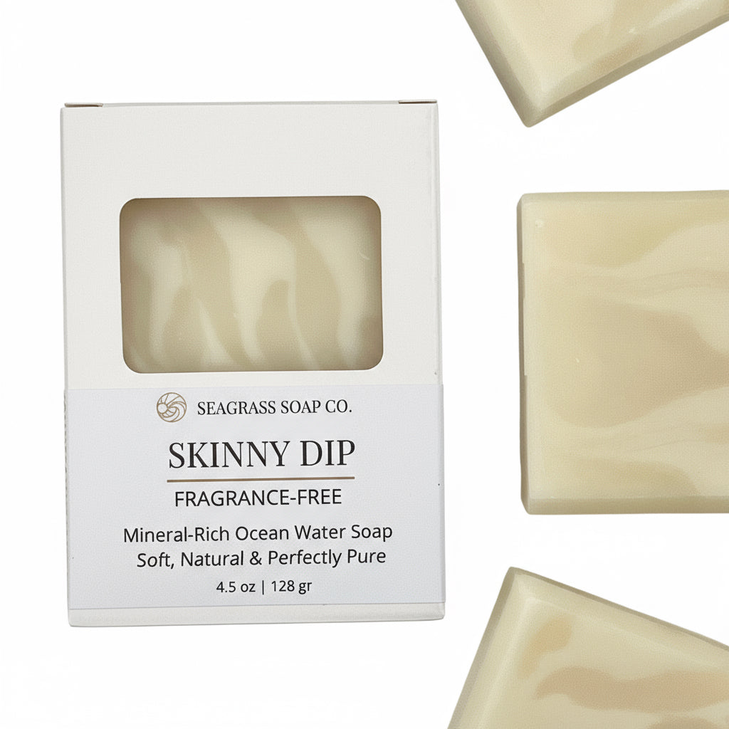 Seagrass Soap Co. Skinny Dip soap bar packaging with three bars of soap on a light background