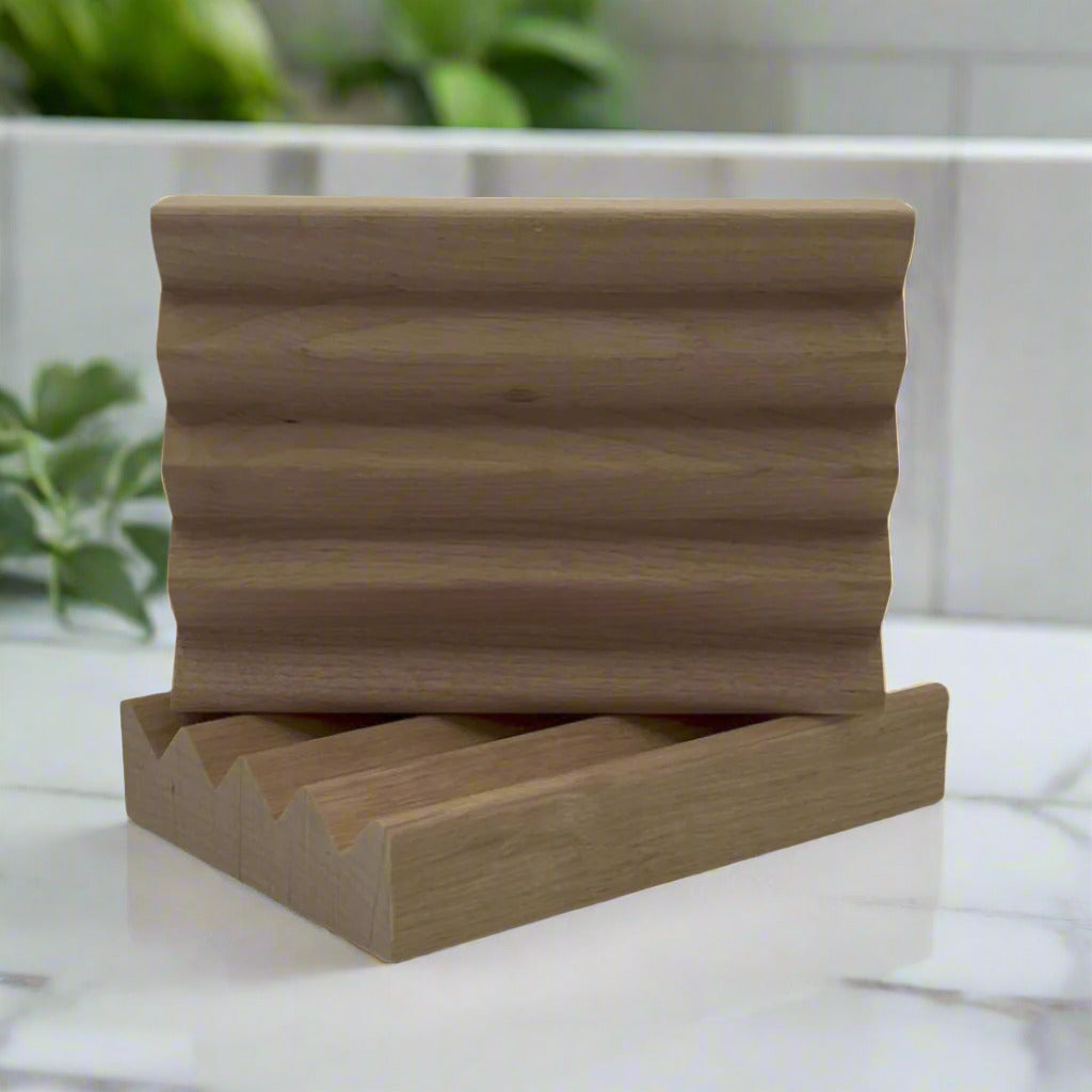 Two wooden soap saver rafts for extending the life of handmade soap