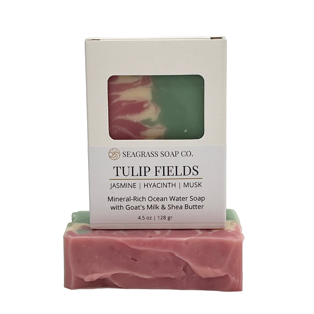 Tulip Fields soap bar and packaging on a white background