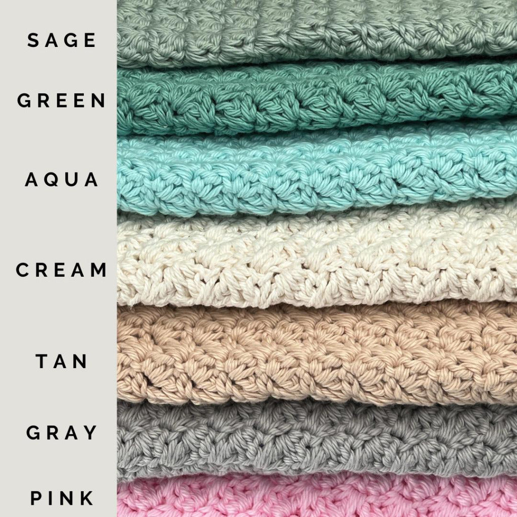 Handmade crocheted washcloth available in several colors: sage, green, aqua, cream, tan, gray and pink.
