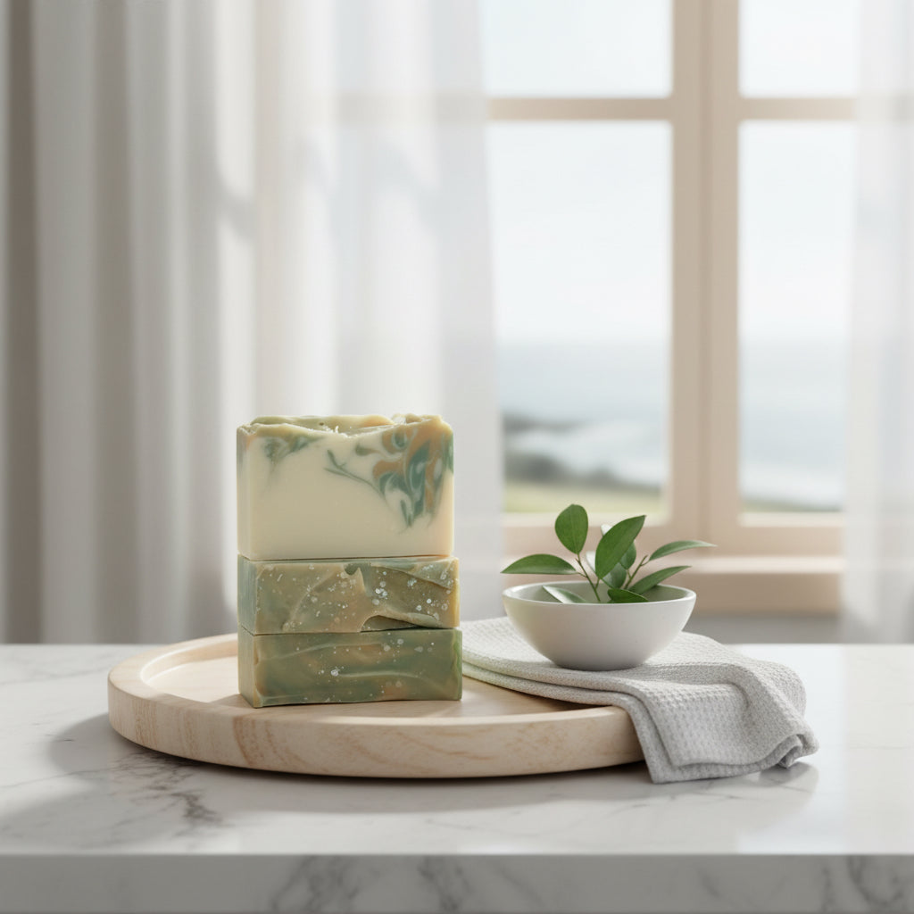 Three bars of Ocean Reef soap with swirled pattern sitting on a wooden tray in front of a window