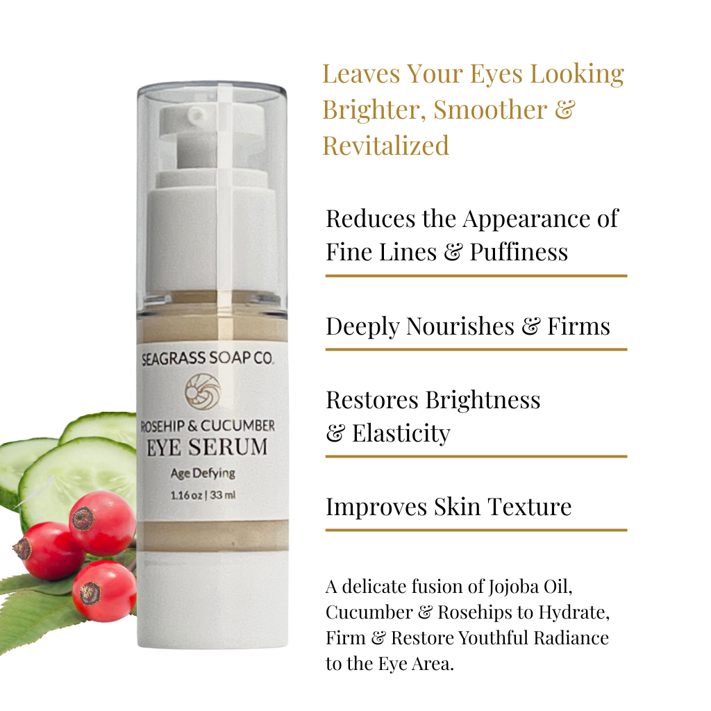 Seagrass Soap Co. Rosehip & Cucumber Eye Serum with product and benefits text on a white background