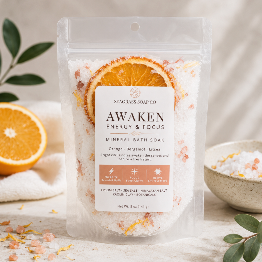 Awaken mineral bath soak package displayed with a dried orange slice, bowl of mineral salts and greenery on a neutral stone surface.