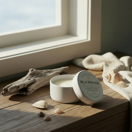 Beachwood candle in a white tin sitting on a wooden shelf in front of a window next to driftwood and sea shells by Seagrass Soap Co