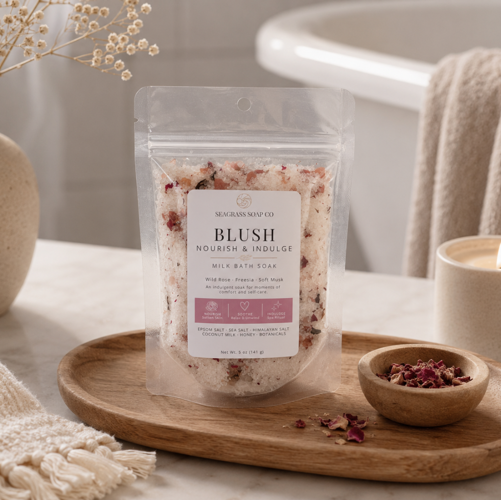 Blush milk bath soak package displayed on a wooden tray in a bathroom setting next to a bowl of dried rose botanicals.