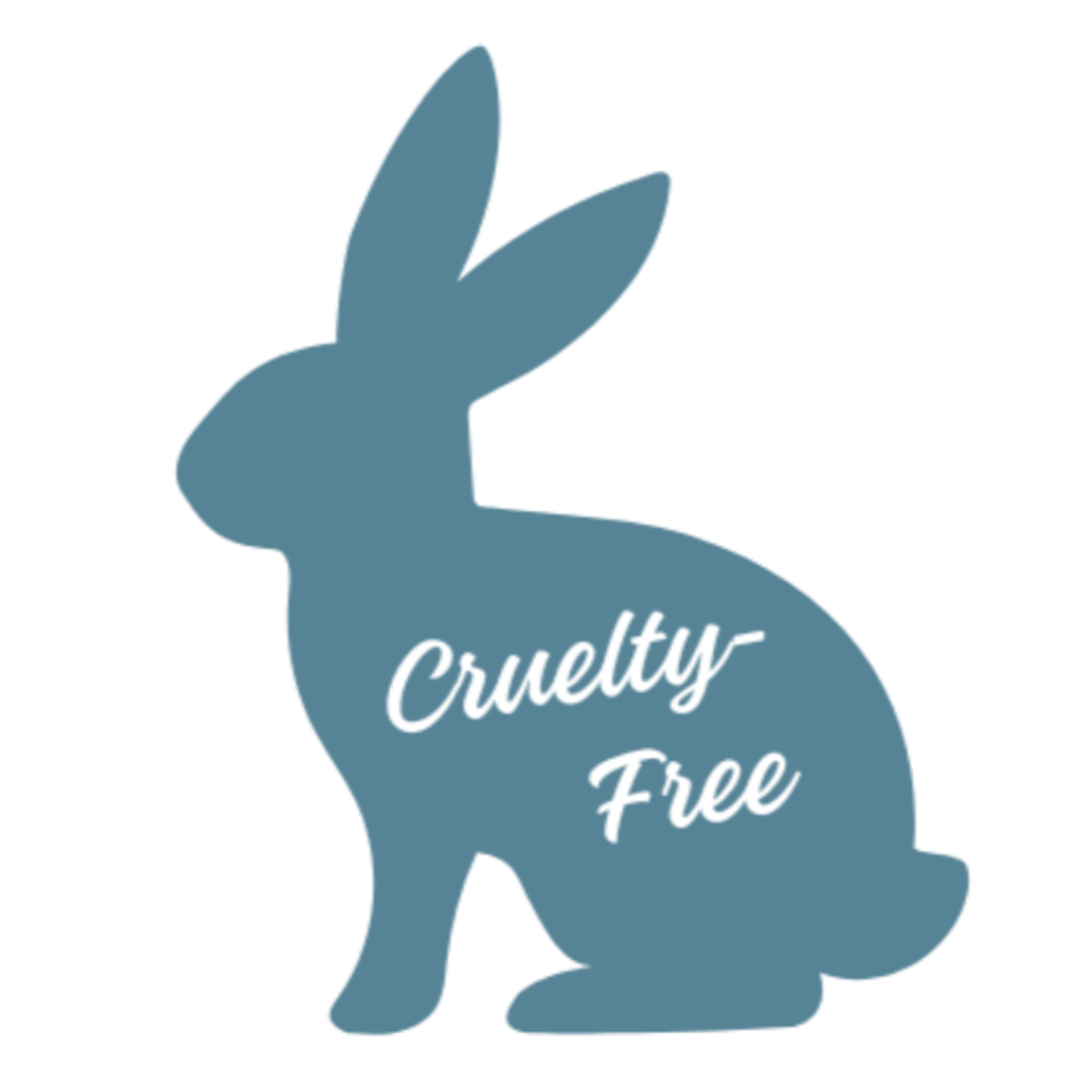 Blue silhouette of a rabbit with 'Cruelty Free' text on a white background