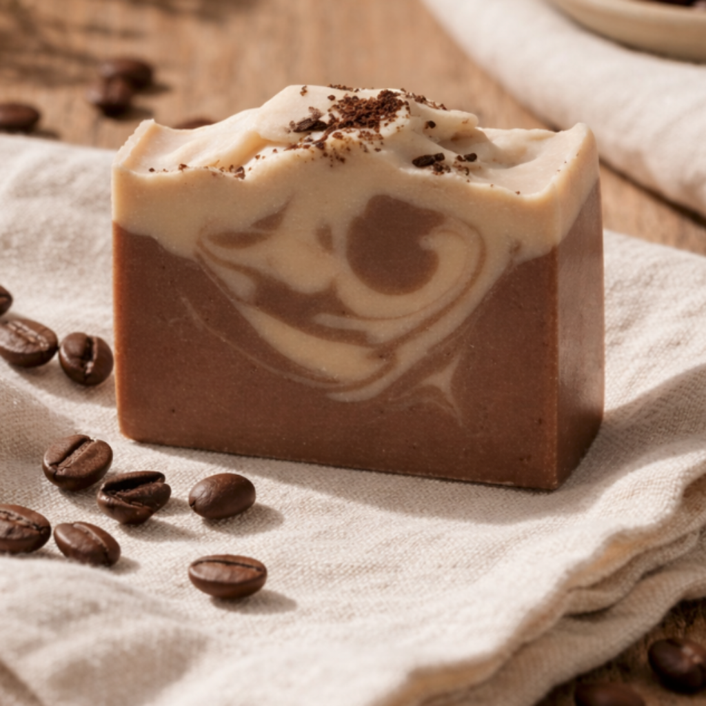 Coastal Brew exfoliating coffee scented soap bar showing swirls on a natural napkin with coffee beans