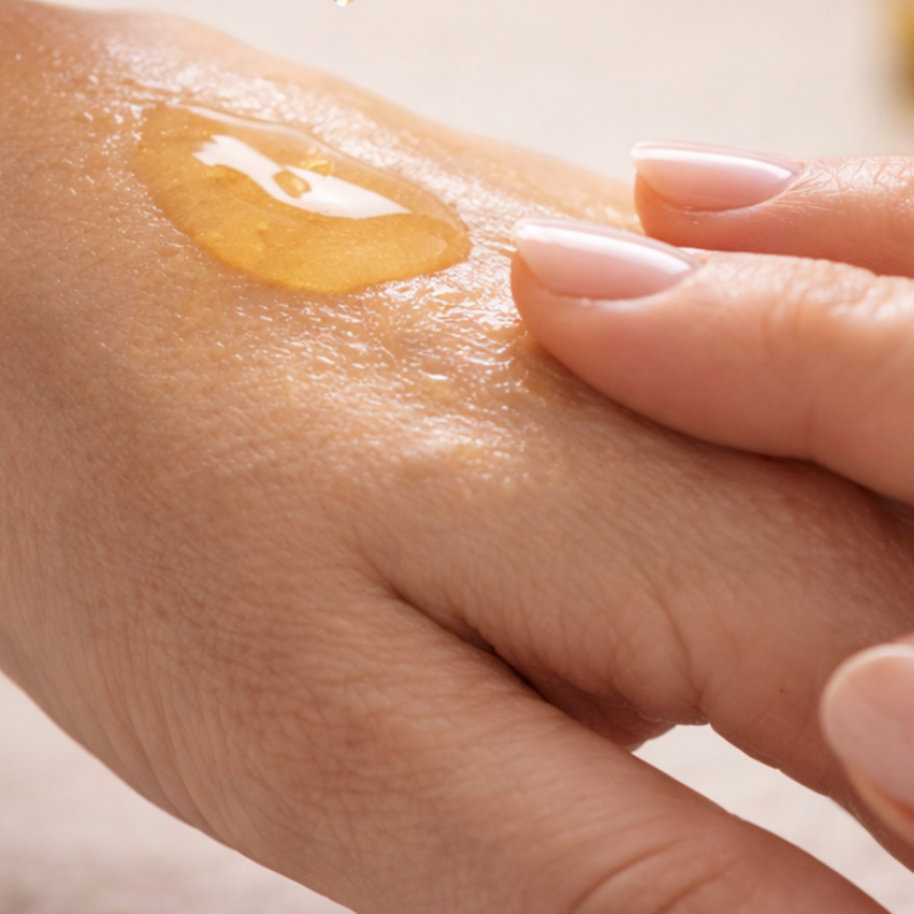 Close up of lipedema body oil being dispersed onto skin and gently spread, showing texture and hydration.