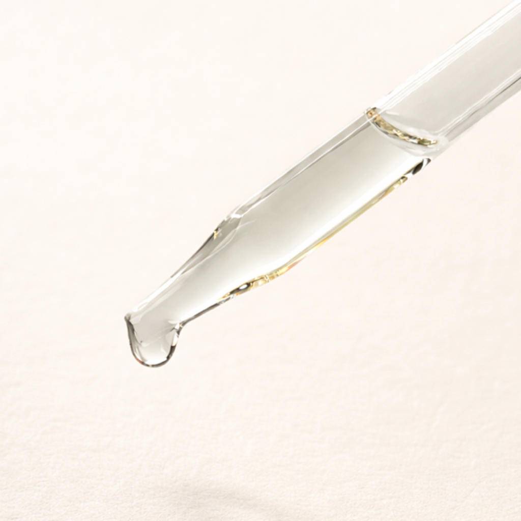 Droplet of conditioning beard oil from a dropper with a warm white background.