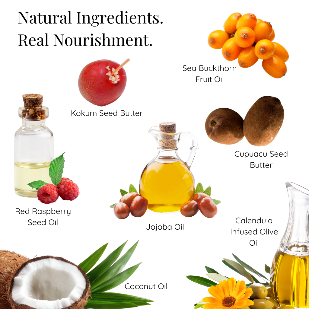 Collection of natural ingredients with labels on a white background