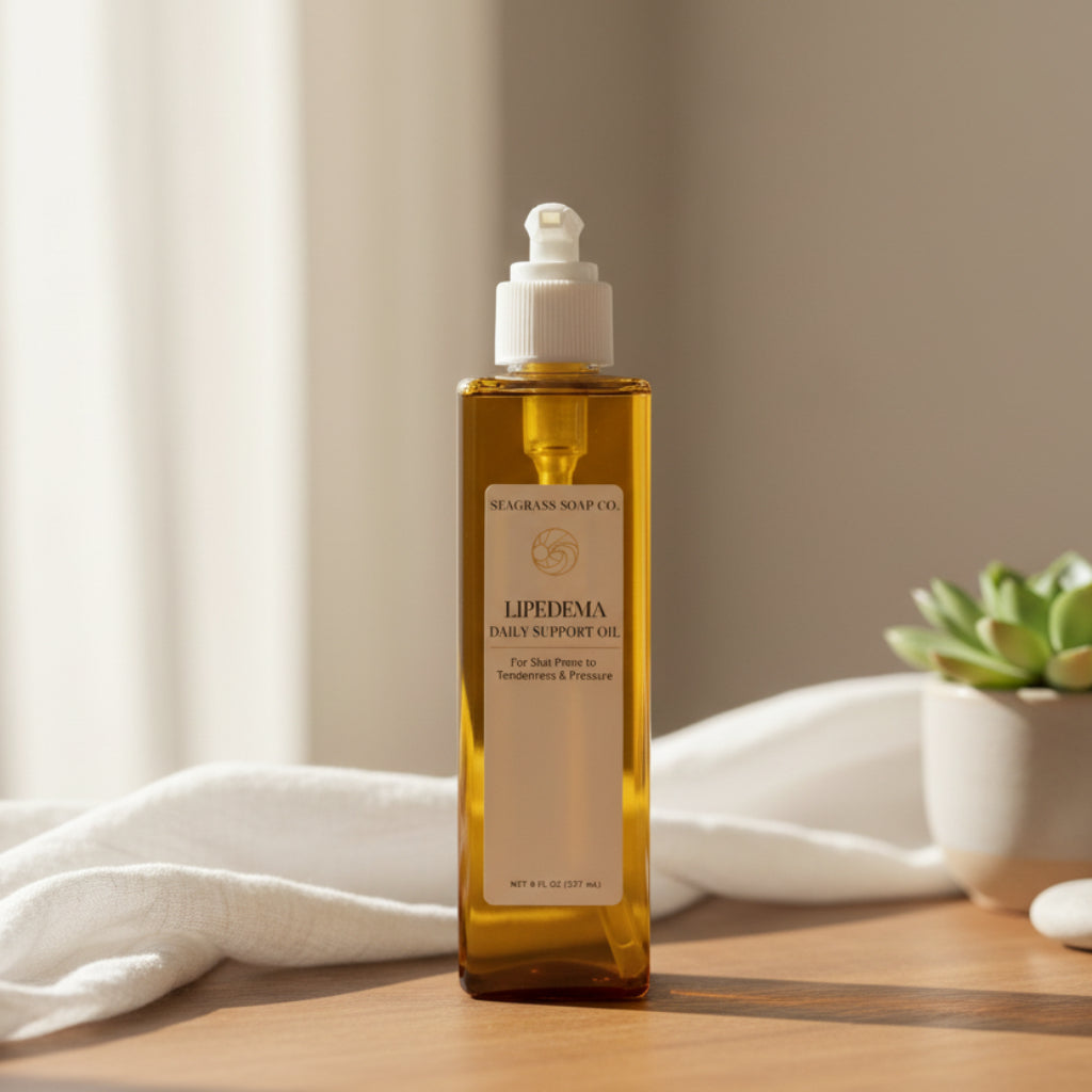 Luxury botanical body oil bottle designed for lipedema-sensitive skin