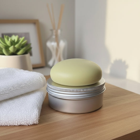 Lotion Stone profile sitting on top of its container on a table with towels, plant and picture frame